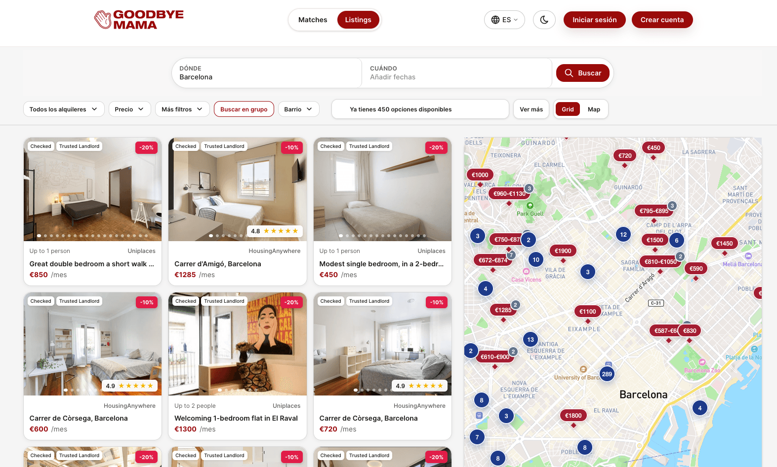 GoodbyeMama listings page with rental cards and a Barcelona map
