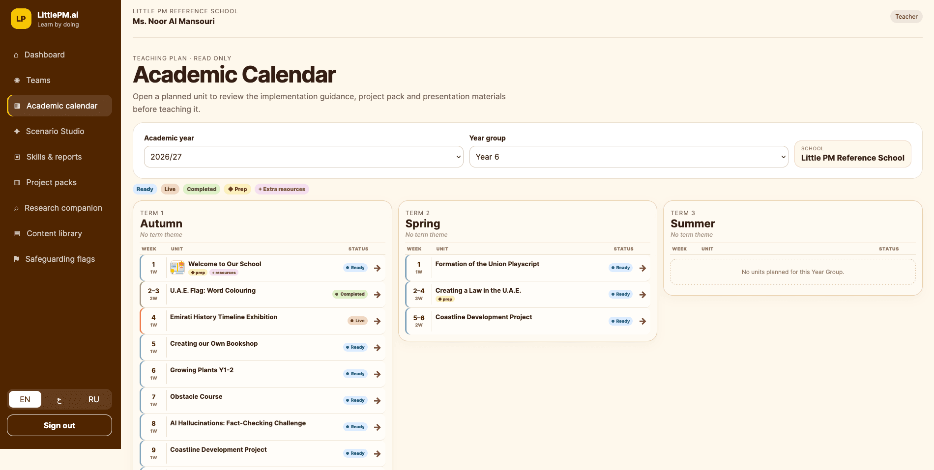 Little.PM teacher academic calendar with planned learning units