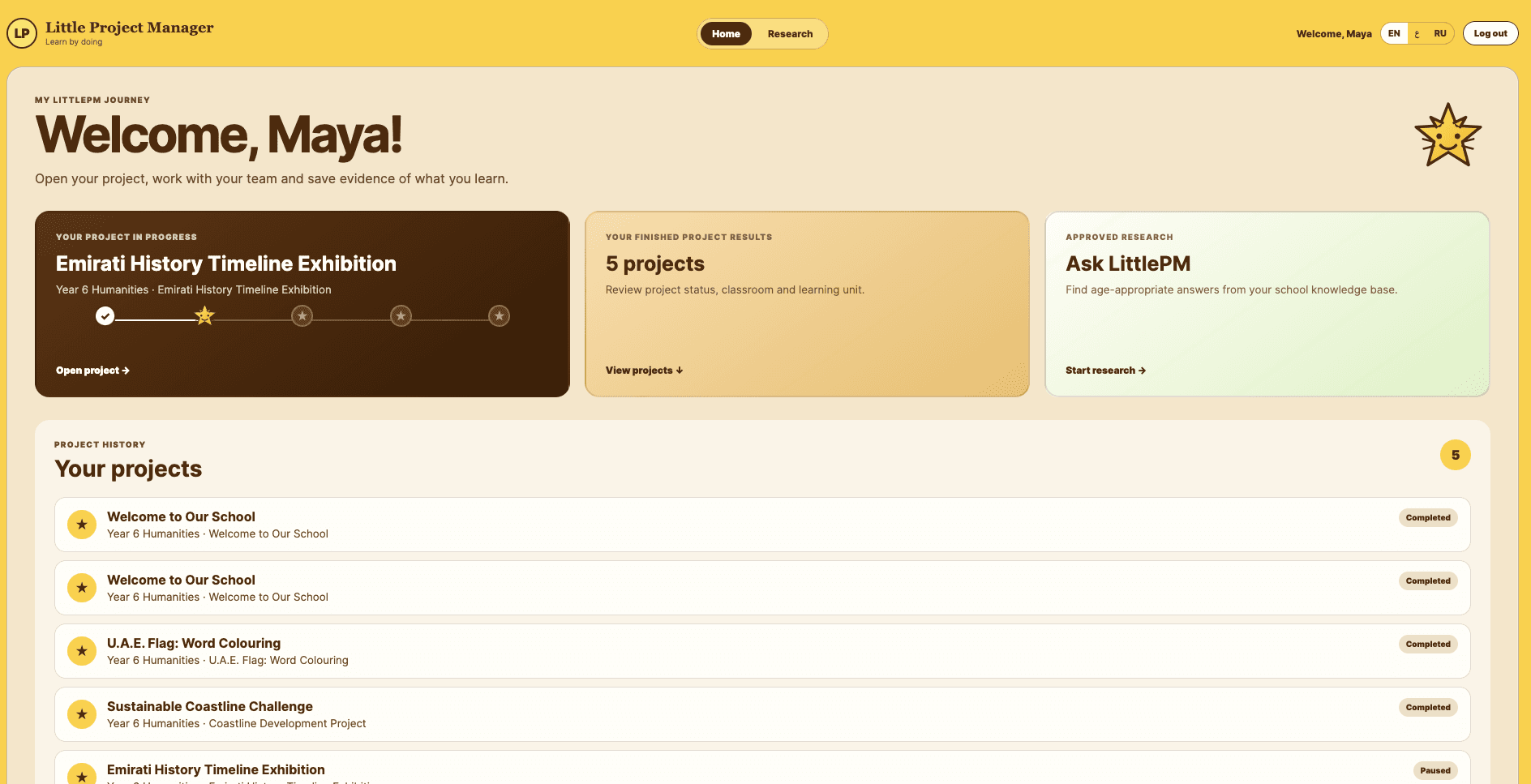 Little.PM student dashboard with active project, project history and approved research companion
